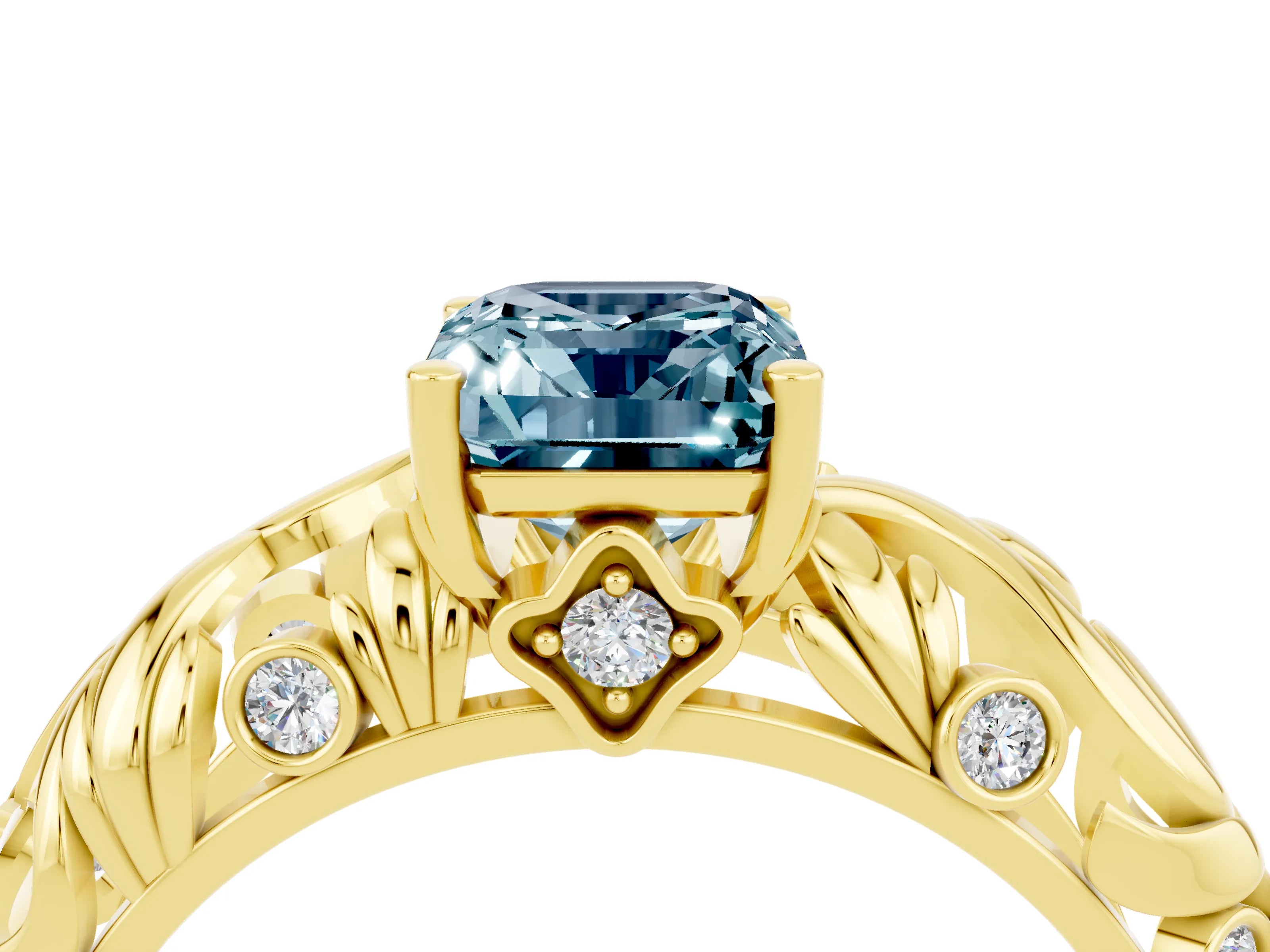 Yellow gold Emerald Cut Solitaire Aquamarine Leaf-Inspired Vine Band Ring with Prong Setting_4