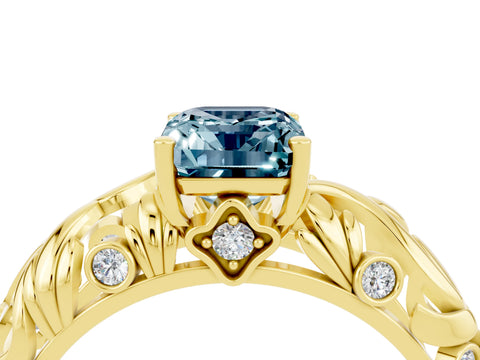 Yellow gold Emerald Cut Solitaire Aquamarine Leaf-Inspired Vine Band Ring with Prong Setting_4
