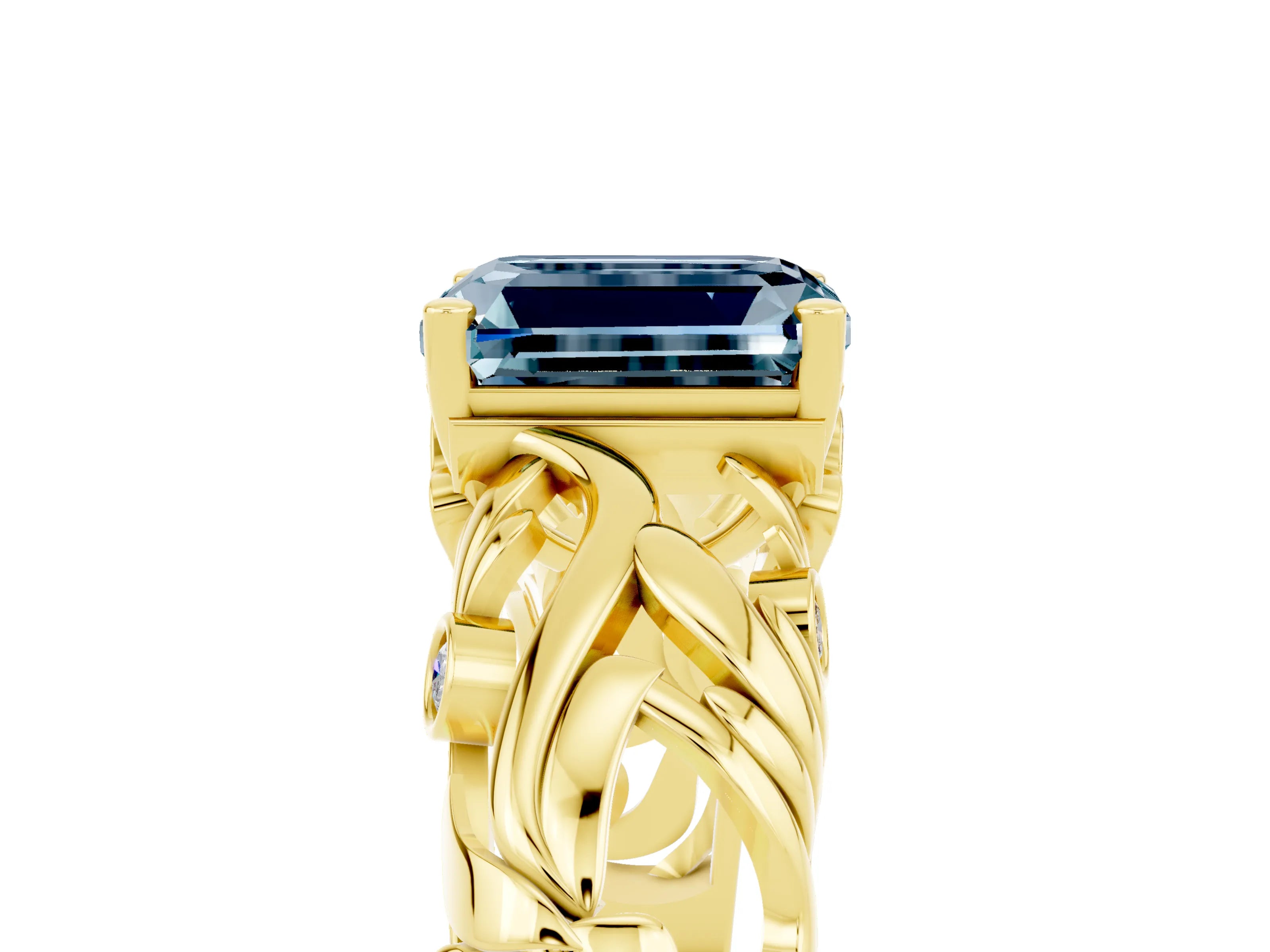 Yellow gold Emerald Cut Solitaire Aquamarine Leaf-Inspired Vine Band Ring with Prong Setting_5