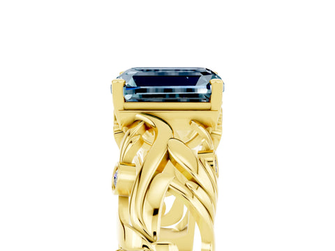 Yellow gold Emerald Cut Solitaire Aquamarine Leaf-Inspired Vine Band Ring with Prong Setting_5