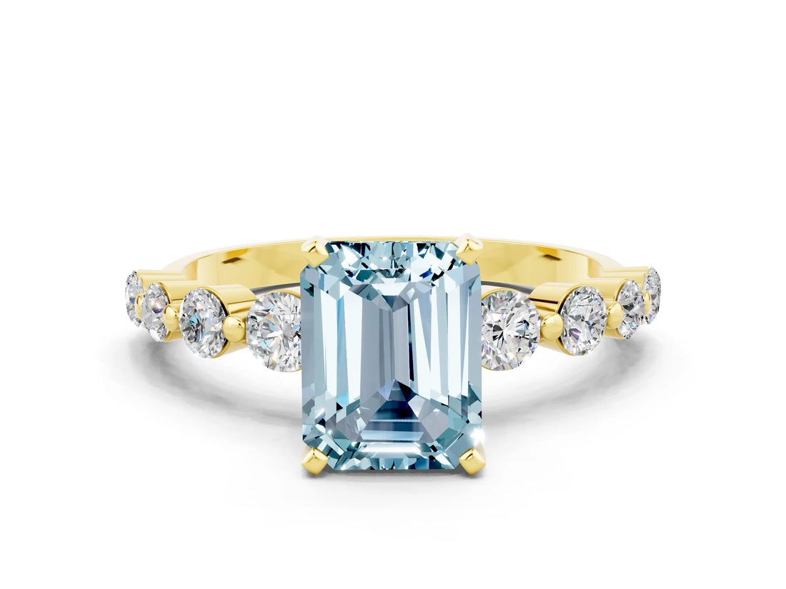 Yellow gold Emerald Cut Solitaire Aquamarine Ring with Pave Band and Four-Prong Setting