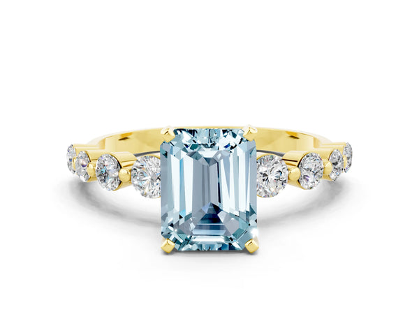 Yellow gold Emerald Cut Solitaire Aquamarine Ring with Pave Band and Four-Prong Setting