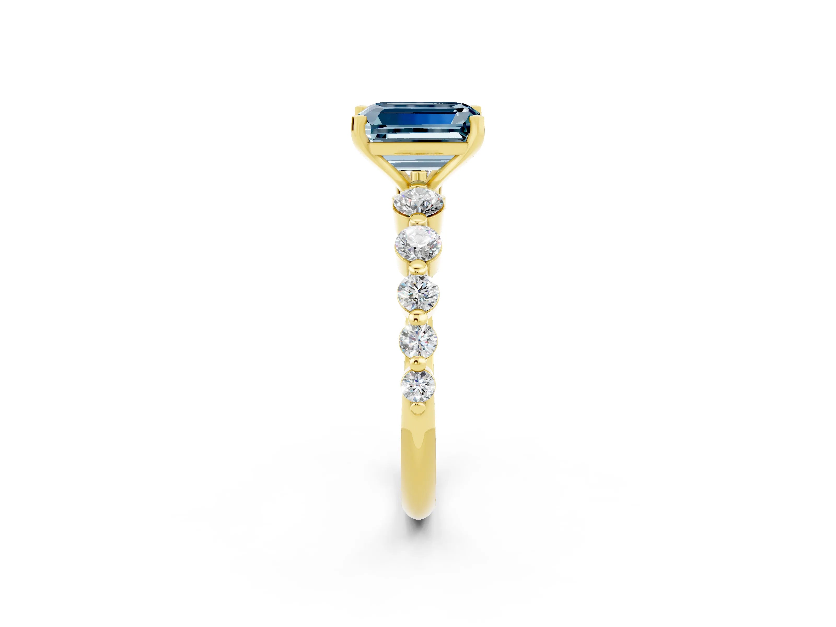 Yellow gold Emerald Cut Solitaire Aquamarine Ring with Pave Band and Four-Prong Setting_2