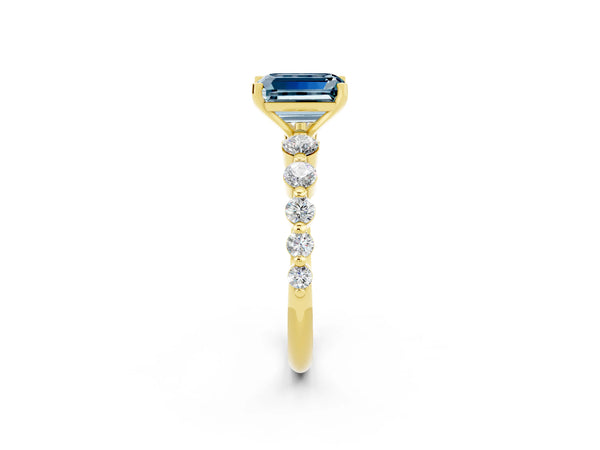 Yellow gold Emerald Cut Solitaire Aquamarine Ring with Pave Band and Four-Prong Setting