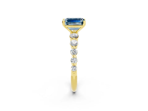 Yellow gold Emerald Cut Solitaire Aquamarine Ring with Pave Band and Four-Prong Setting_2