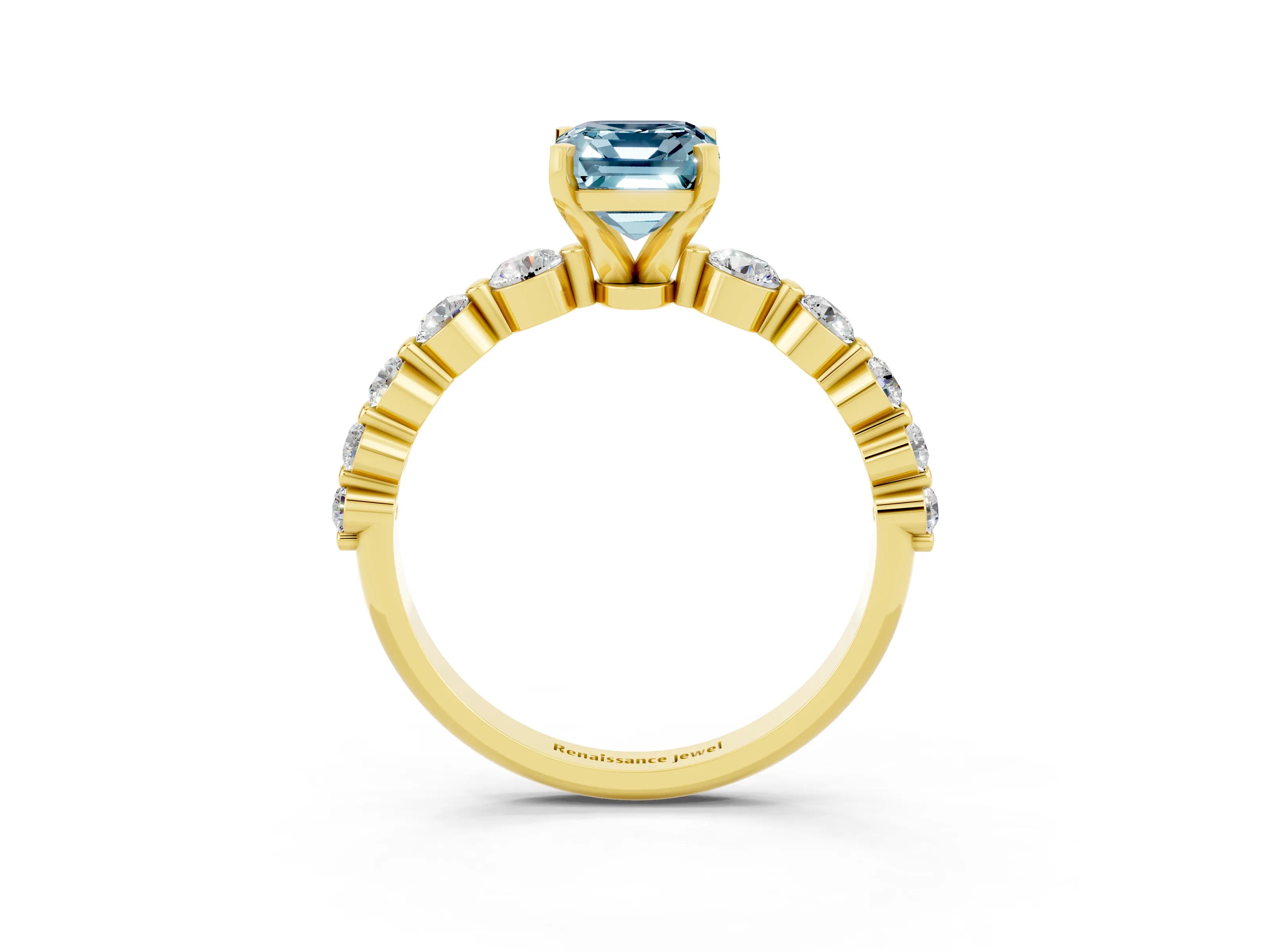 Yellow gold Emerald Cut Solitaire Aquamarine Ring with Pave Band and Four-Prong Setting_3