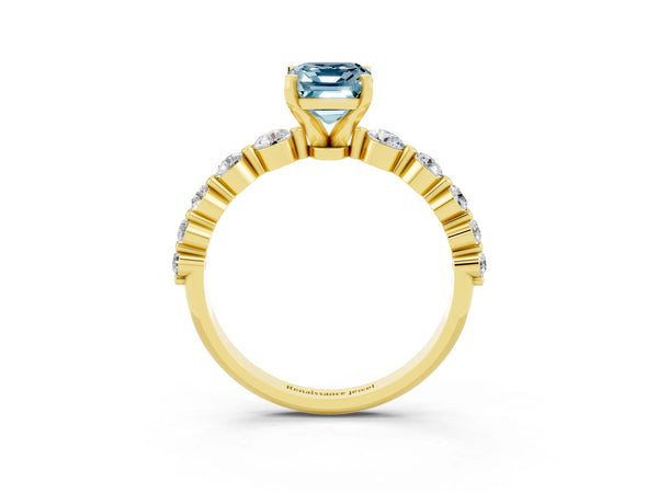 Yellow gold Emerald Cut Solitaire Aquamarine Ring with Pave Band and Four-Prong Setting