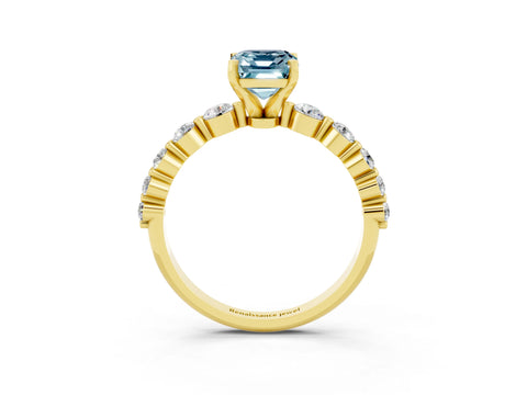 Yellow gold Emerald Cut Solitaire Aquamarine Ring with Pave Band and Four-Prong Setting_3