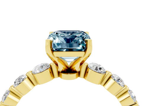 Yellow gold Emerald Cut Solitaire Aquamarine Ring with Pave Band and Four-Prong Setting_4