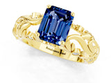 Yellow gold Emerald Cut Solitaire Blue Sapphire Leaf-Inspired Vine Band Ring with Prong Setting_1