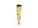 Yellow gold Emerald Cut Solitaire Blue Sapphire Leaf-Inspired Vine Band Ring with Prong Setting_2