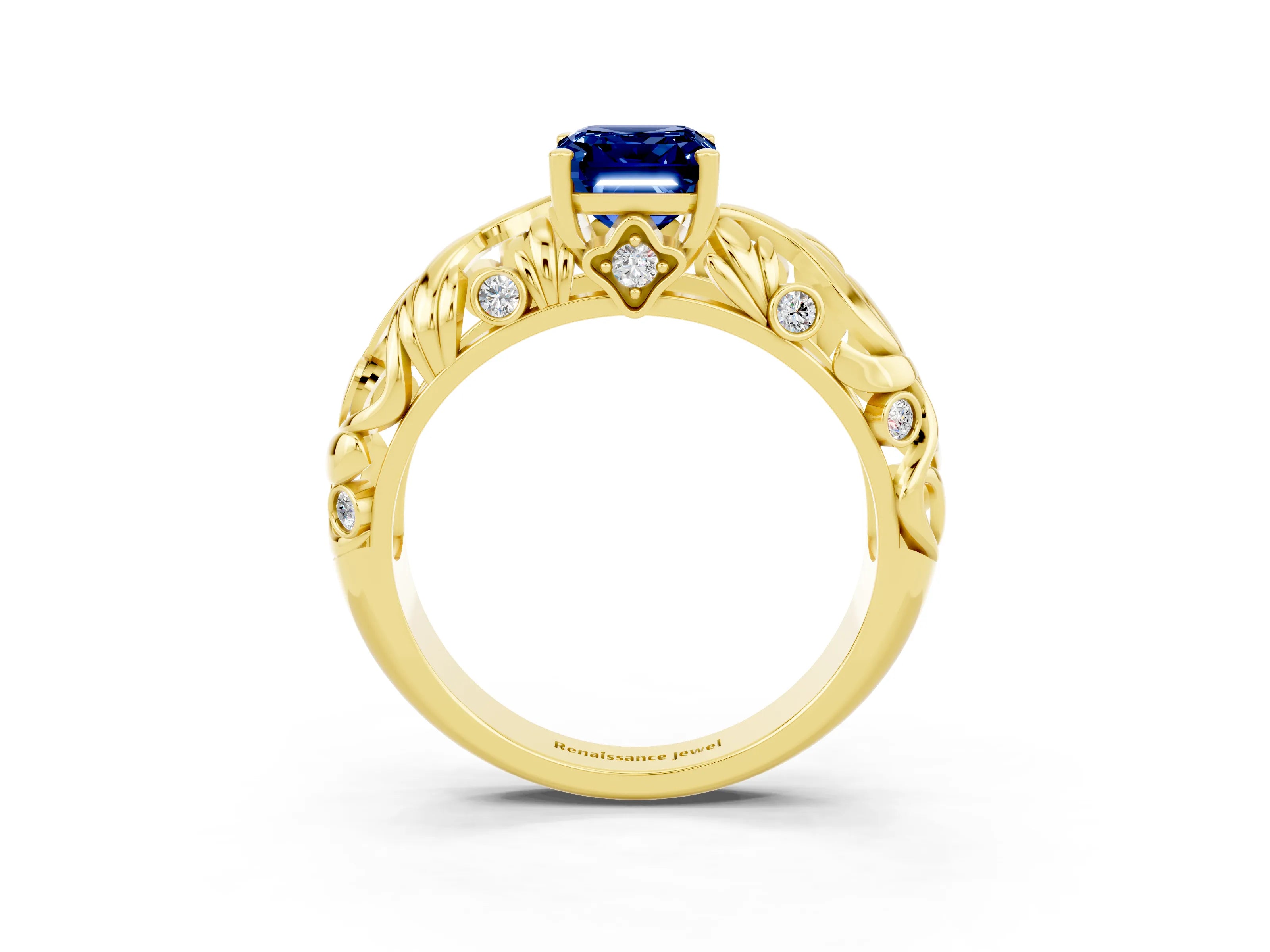 Yellow gold Emerald Cut Solitaire Blue Sapphire Leaf-Inspired Vine Band Ring with Prong Setting_3