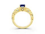 Yellow gold Emerald Cut Solitaire Blue Sapphire Leaf-Inspired Vine Band Ring with Prong Setting_3