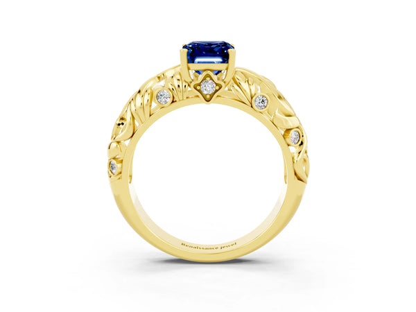 Yellow gold Emerald Cut Solitaire Blue Sapphire Leaf-Inspired Vine Band Ring with Prong Setting