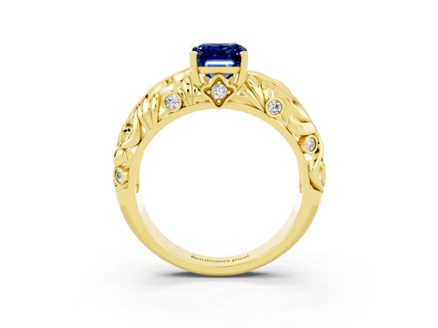 Yellow gold Emerald Cut Solitaire Blue Sapphire Leaf-Inspired Vine Band Ring with Prong Setting_3