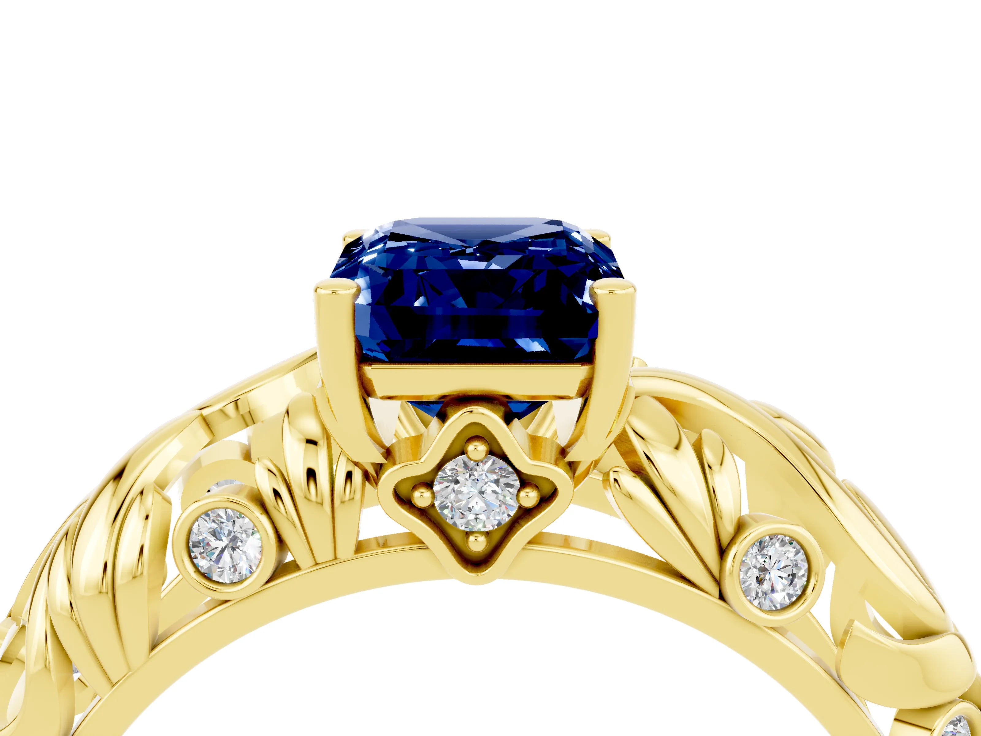 Yellow gold Emerald Cut Solitaire Blue Sapphire Leaf-Inspired Vine Band Ring with Prong Setting_4