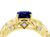 Yellow gold Emerald Cut Solitaire Blue Sapphire Leaf-Inspired Vine Band Ring with Prong Setting_4