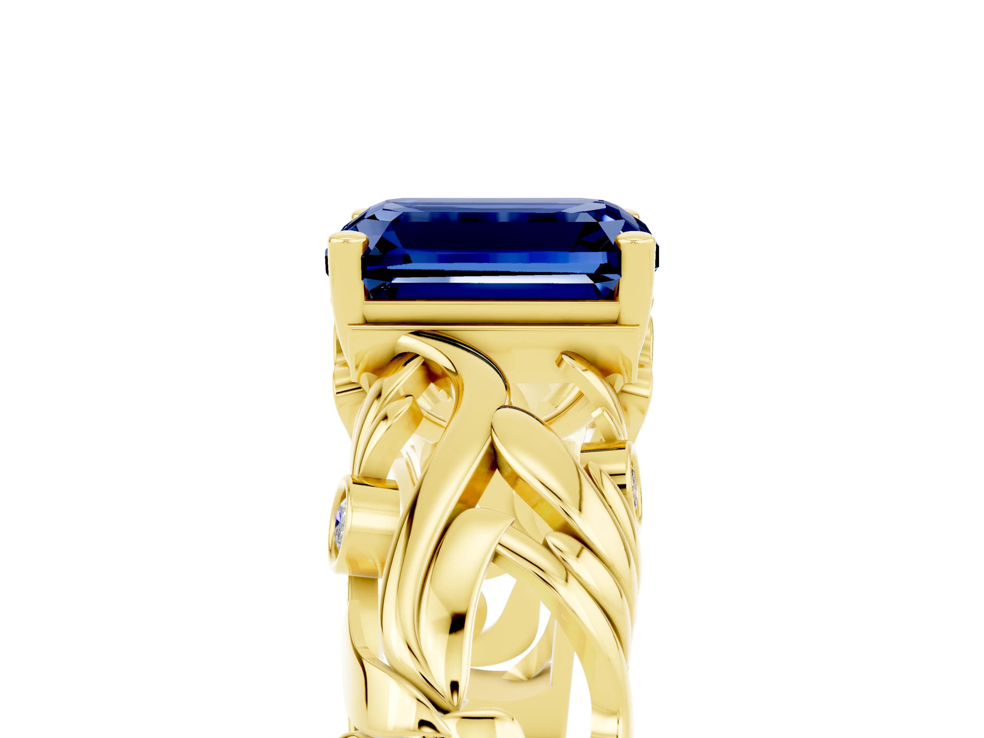Yellow gold Emerald Cut Solitaire Blue Sapphire Leaf-Inspired Vine Band Ring with Prong Setting_5