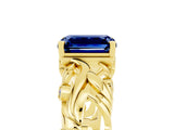 Yellow gold Emerald Cut Solitaire Blue Sapphire Leaf-Inspired Vine Band Ring with Prong Setting_5