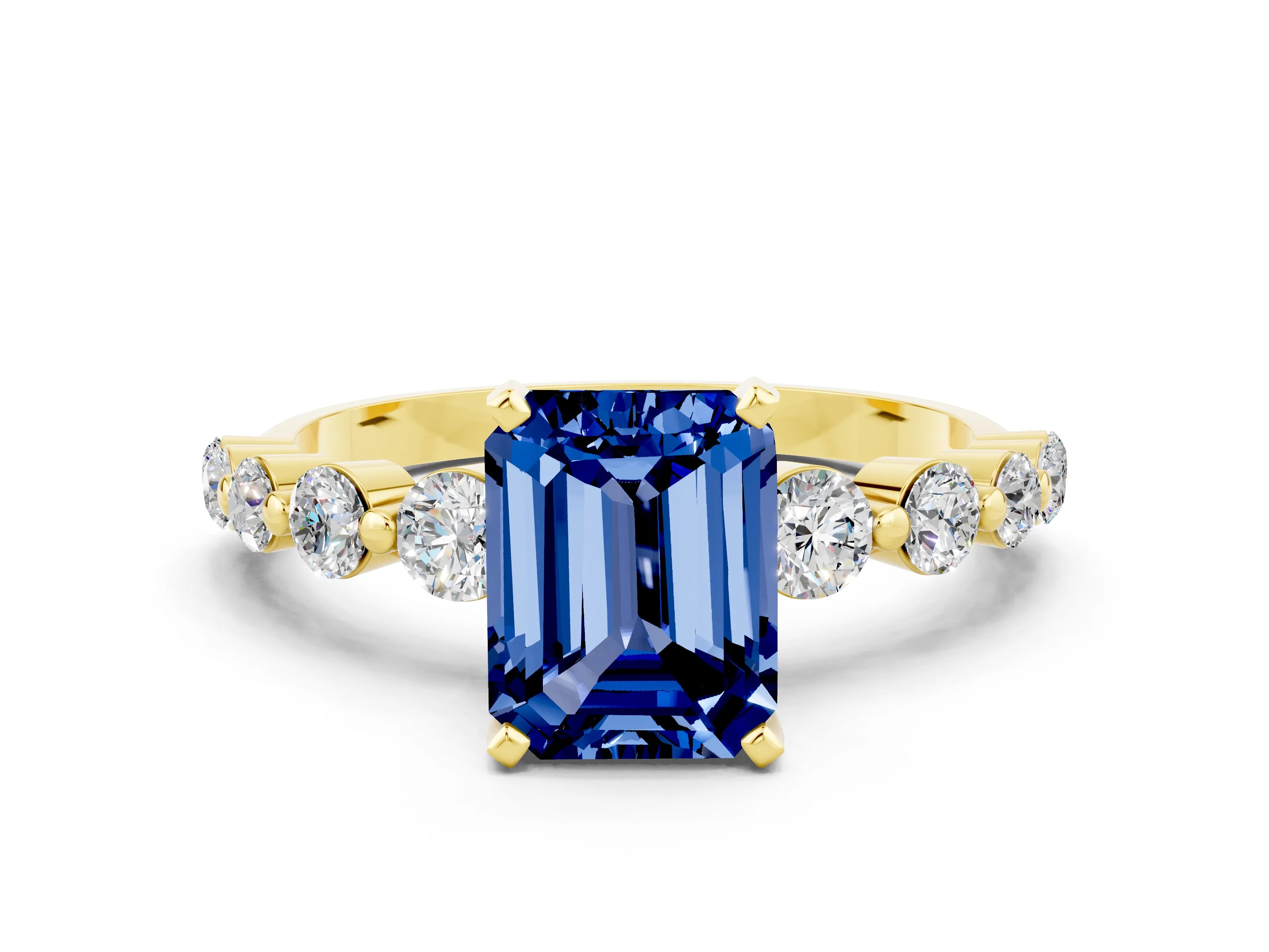 Yellow gold Emerald Cut Solitaire Blue Sapphire Ring with Pave Band and Four-Prong Setting