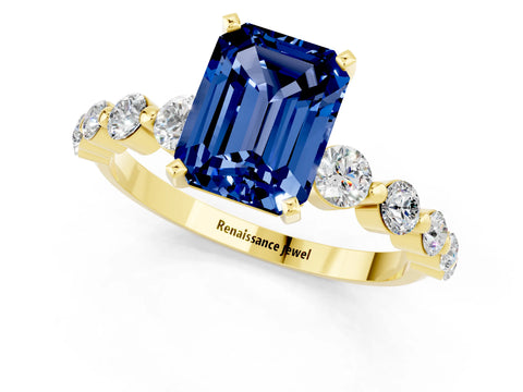 Yellow gold Emerald Cut Solitaire Blue Sapphire Ring with Pave Band and Four-Prong Setting_1