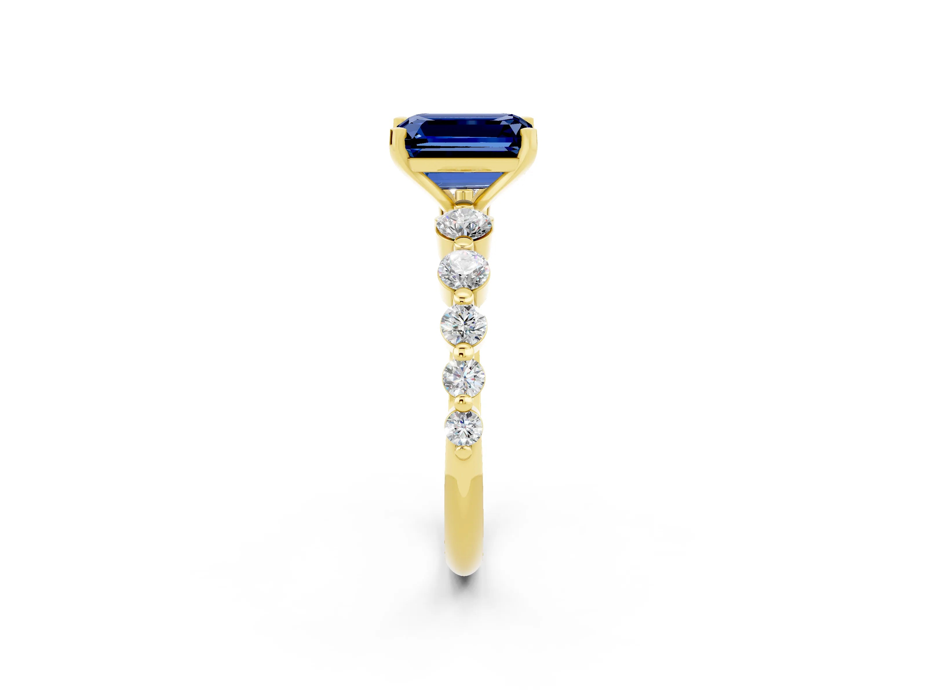 Yellow gold Emerald Cut Solitaire Blue Sapphire Ring with Pave Band and Four-Prong Setting_2