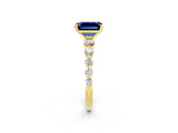 Yellow gold Emerald Cut Solitaire Blue Sapphire Ring with Pave Band and Four-Prong Setting_2