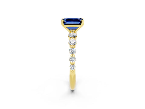 Yellow gold Emerald Cut Solitaire Blue Sapphire Ring with Pave Band and Four-Prong Setting_2