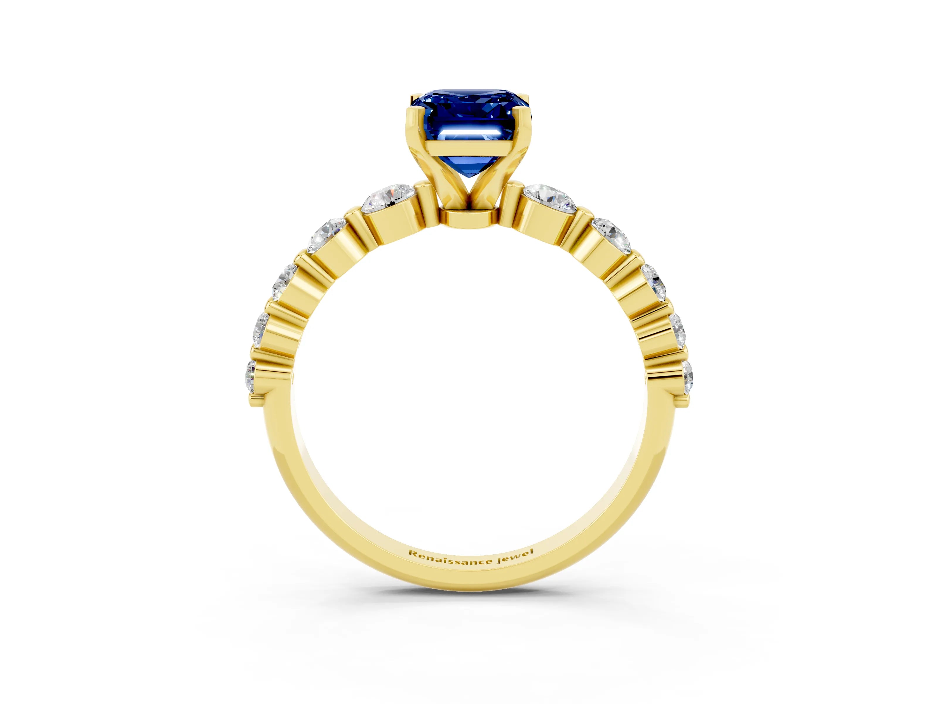 Yellow gold Emerald Cut Solitaire Blue Sapphire Ring with Pave Band and Four-Prong Setting_3