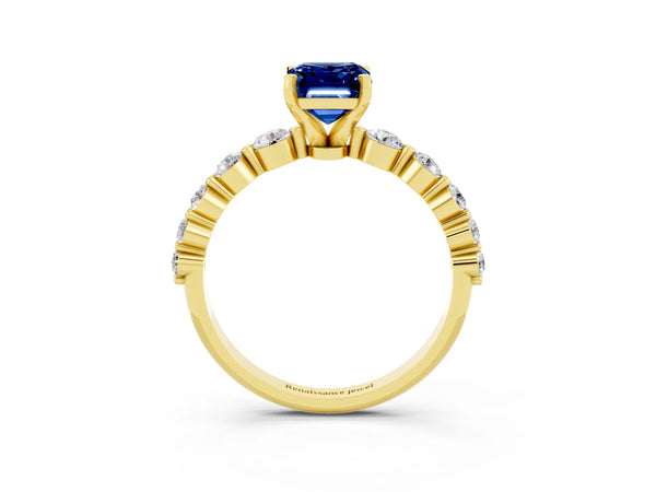 Yellow gold Emerald Cut Solitaire Blue Sapphire Ring with Pave Band and Four-Prong Setting