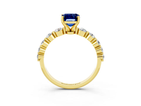 Yellow gold Emerald Cut Solitaire Blue Sapphire Ring with Pave Band and Four-Prong Setting_3