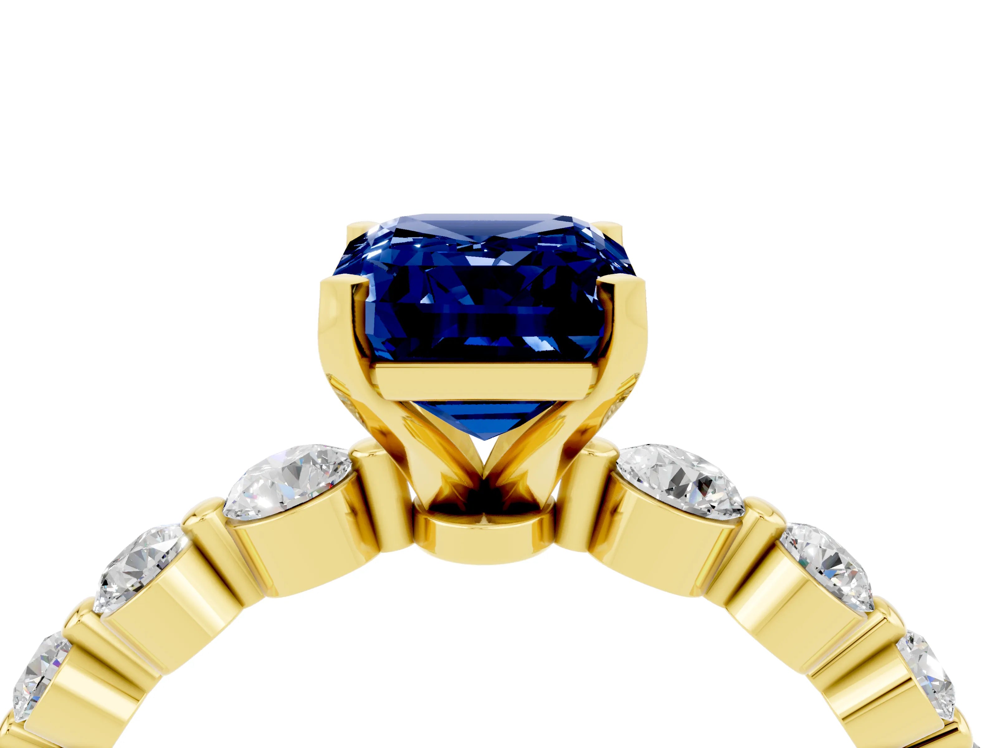Yellow gold Emerald Cut Solitaire Blue Sapphire Ring with Pave Band and Four-Prong Setting_4