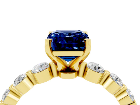 Yellow gold Emerald Cut Solitaire Blue Sapphire Ring with Pave Band and Four-Prong Setting_4