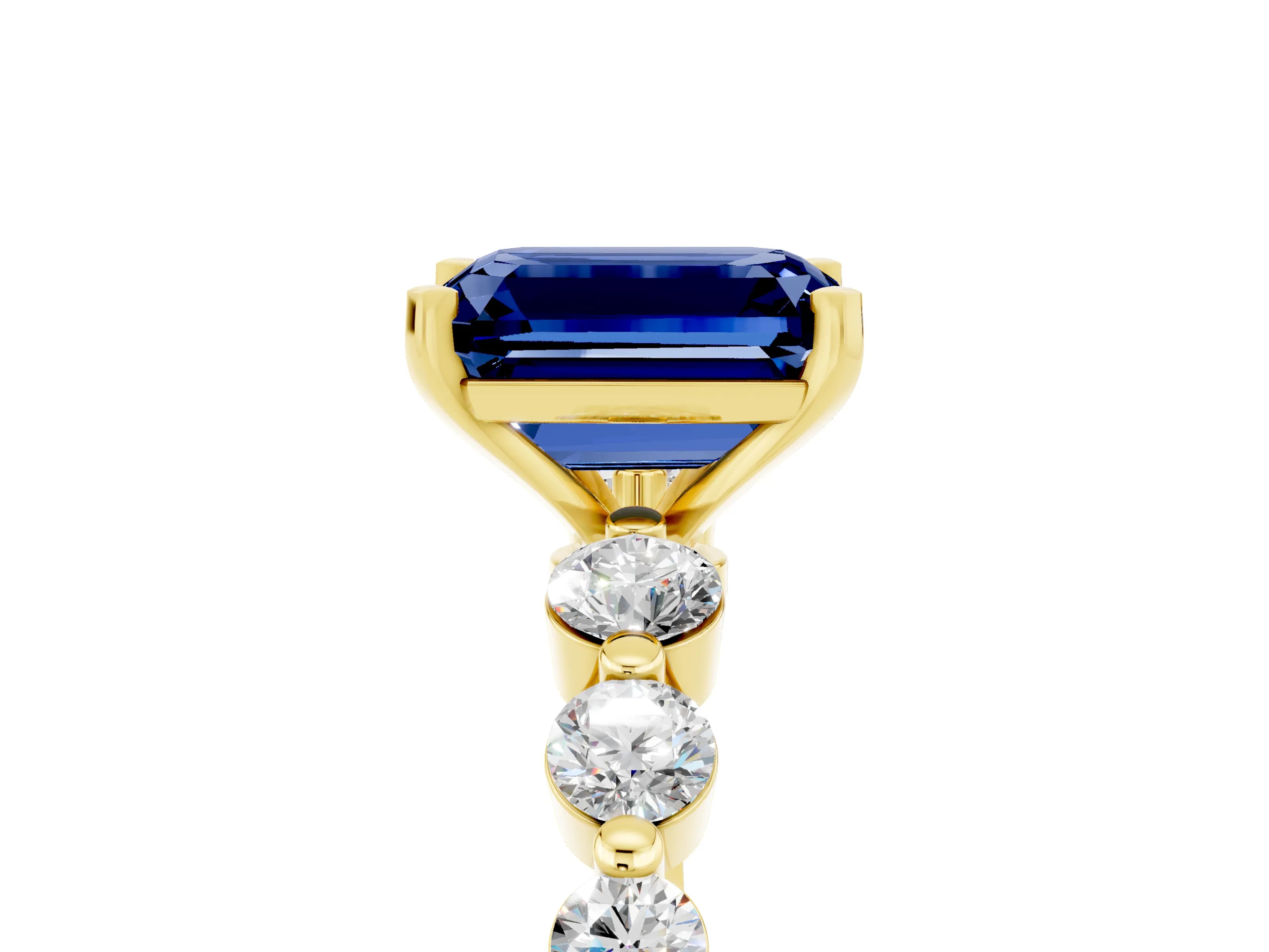 Yellow gold Emerald Cut Solitaire Blue Sapphire Ring with Pave Band and Four-Prong Setting_5