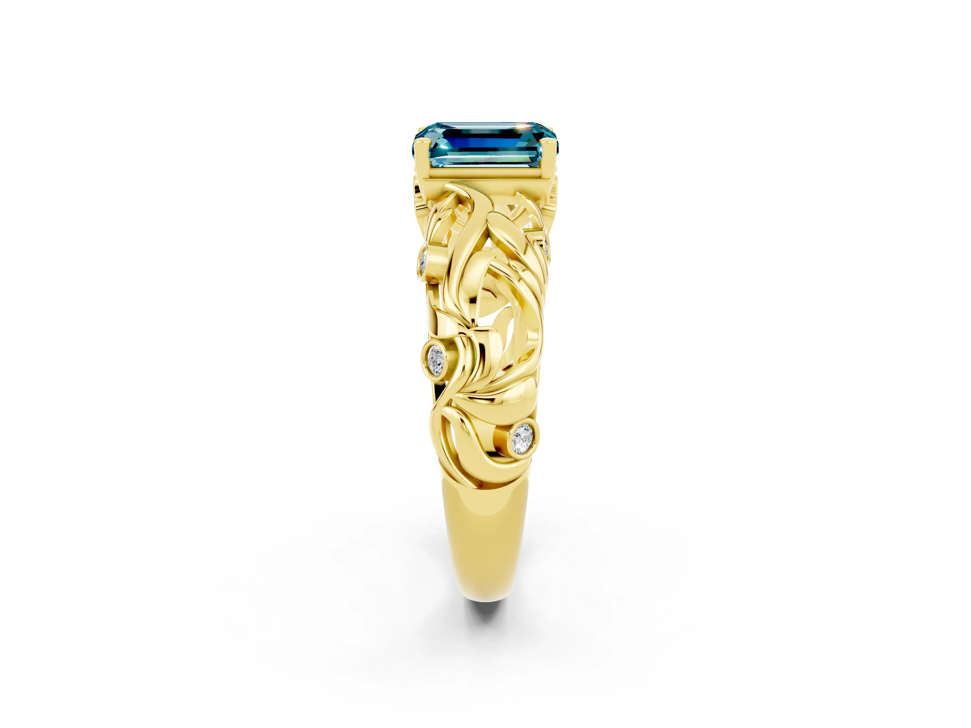 Yellow gold Emerald Cut Solitaire Blue Topaz Leaf-Inspired Vine Band Ring with Prong Setting_2