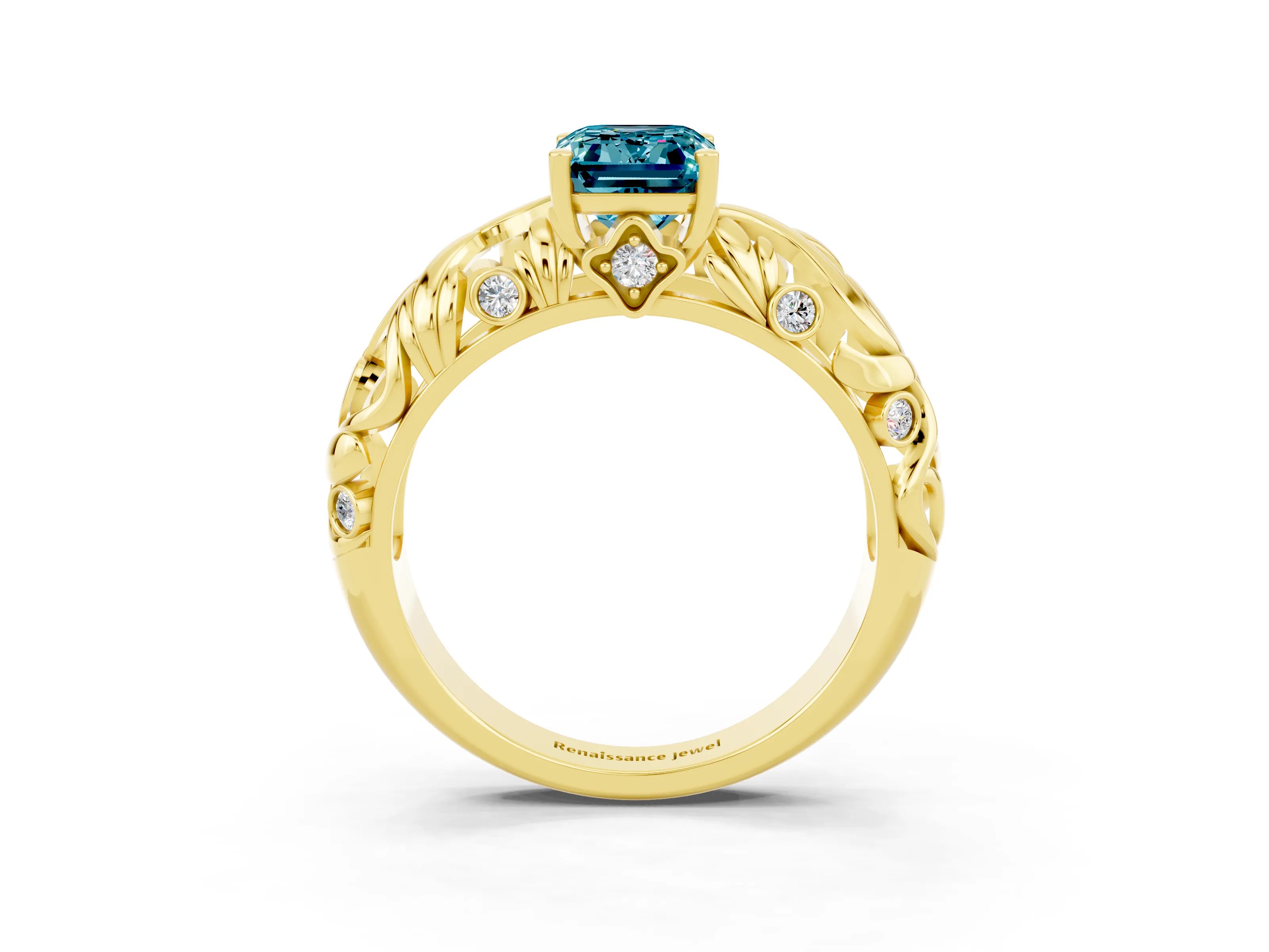 Yellow gold Emerald Cut Solitaire Blue Topaz Leaf-Inspired Vine Band Ring with Prong Setting_3