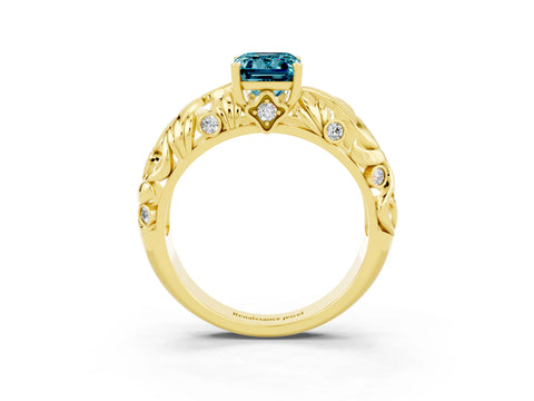 Yellow gold Emerald Cut Solitaire Blue Topaz Leaf-Inspired Vine Band Ring with Prong Setting_3