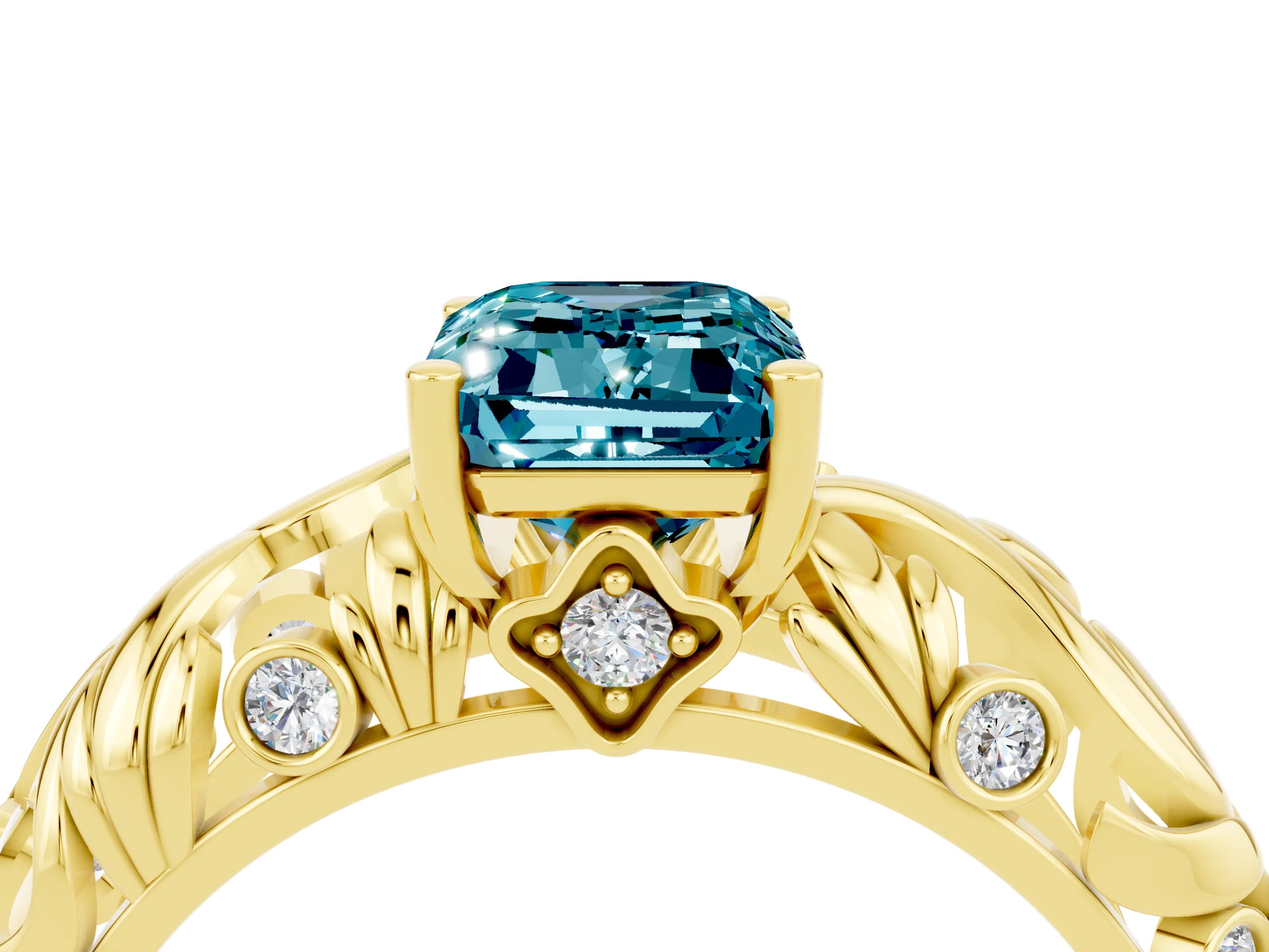 Yellow gold Emerald Cut Solitaire Blue Topaz Leaf-Inspired Vine Band Ring with Prong Setting_4