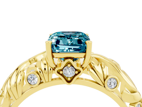 Yellow gold Emerald Cut Solitaire Blue Topaz Leaf-Inspired Vine Band Ring with Prong Setting_4