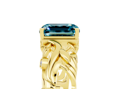 Yellow gold Emerald Cut Solitaire Blue Topaz Leaf-Inspired Vine Band Ring with Prong Setting_5