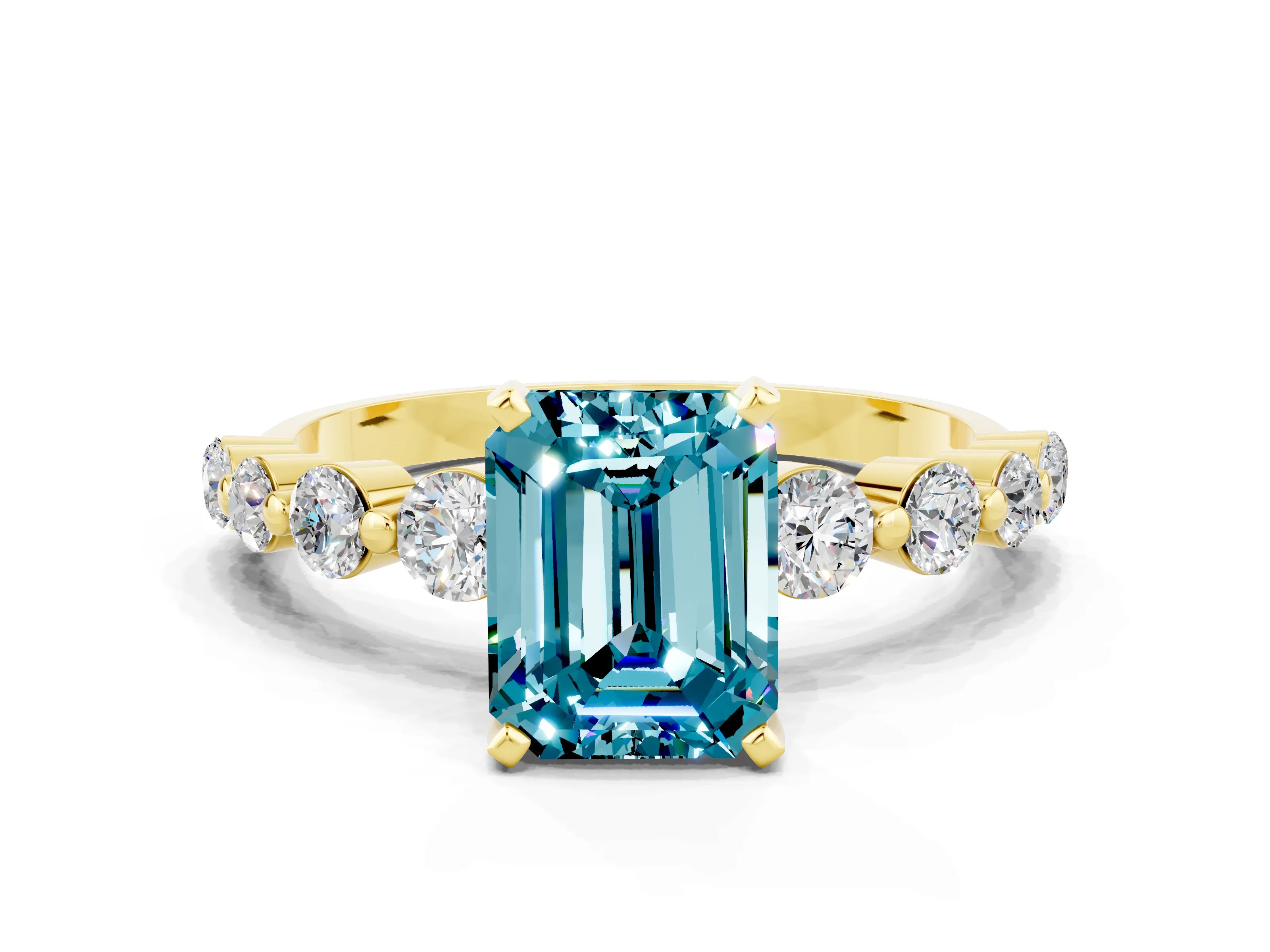 Yellow gold Emerald Cut Solitaire Blue Topaz Ring with Pave Band and Four-Prong Setting