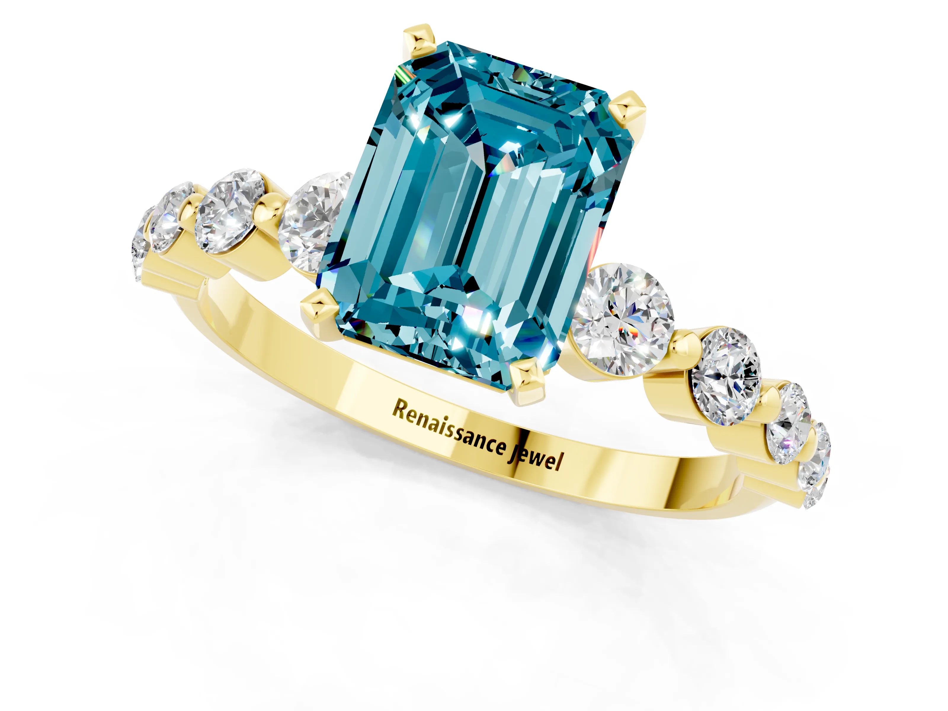 Yellow gold Emerald Cut Solitaire Blue Topaz Ring with Pave Band and Four-Prong Setting_1