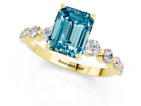 Yellow gold Emerald Cut Solitaire Blue Topaz Ring with Pave Band and Four-Prong Setting_1