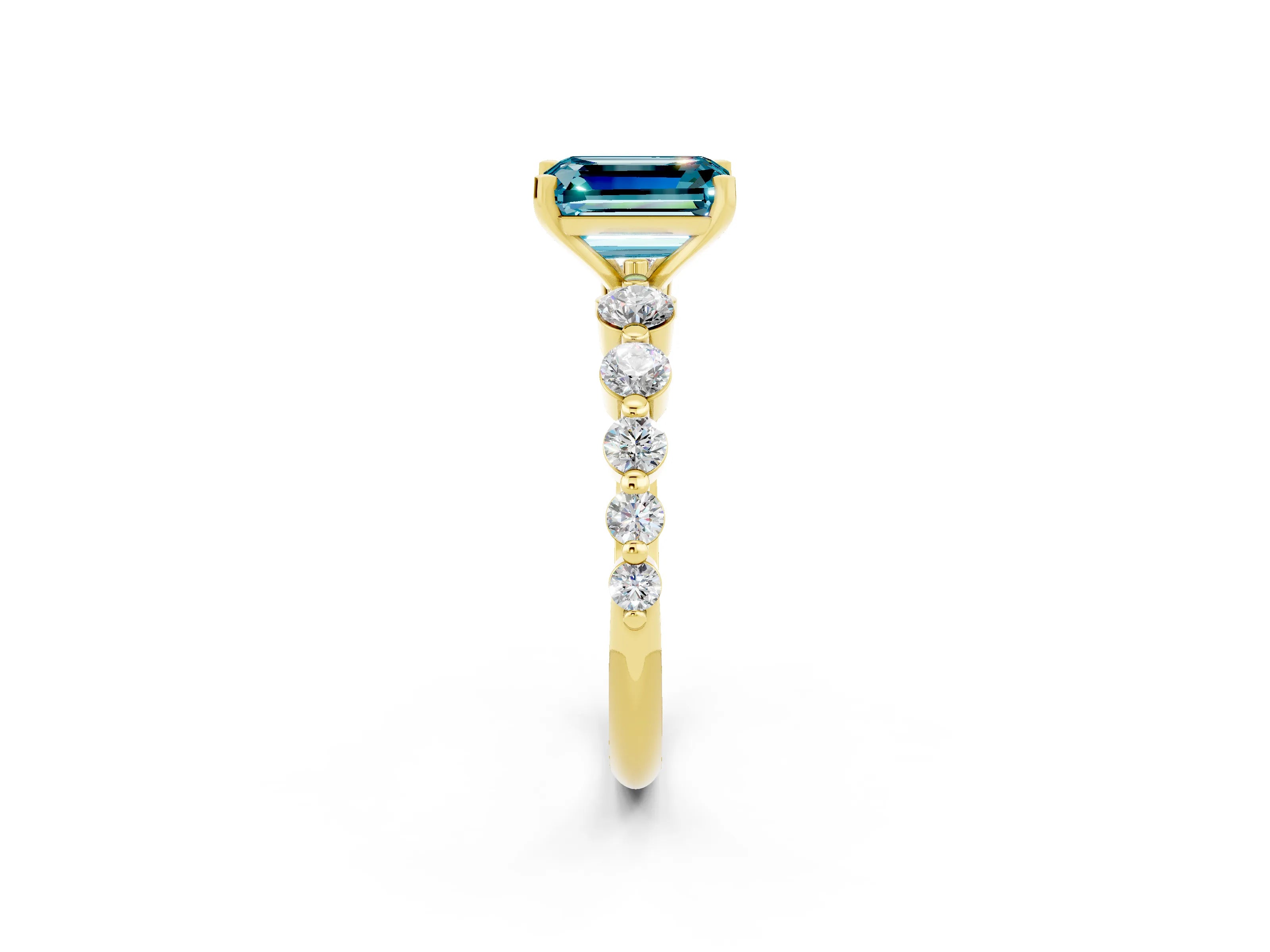 Yellow gold Emerald Cut Solitaire Blue Topaz Ring with Pave Band and Four-Prong Setting_2