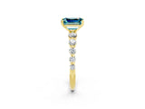 Yellow gold Emerald Cut Solitaire Blue Topaz Ring with Pave Band and Four-Prong Setting_2