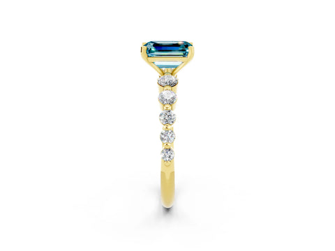Yellow gold Emerald Cut Solitaire Blue Topaz Ring with Pave Band and Four-Prong Setting_2