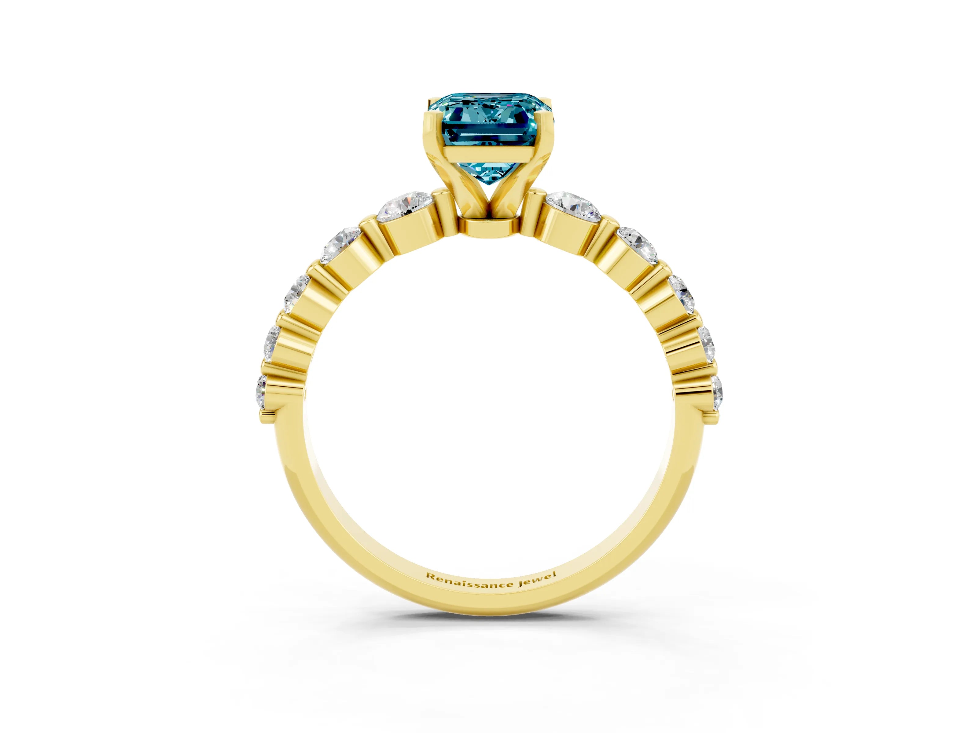 Yellow gold Emerald Cut Solitaire Blue Topaz Ring with Pave Band and Four-Prong Setting_3