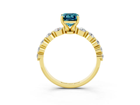 Yellow gold Emerald Cut Solitaire Blue Topaz Ring with Pave Band and Four-Prong Setting_3
