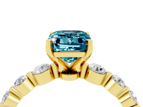 Yellow gold Emerald Cut Solitaire Blue Topaz Ring with Pave Band and Four-Prong Setting_4