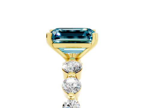 Yellow gold Emerald Cut Solitaire Blue Topaz Ring with Pave Band and Four-Prong Setting_5